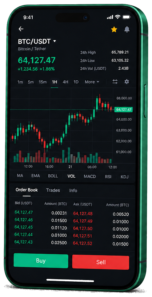 Interface mobile de trading SMARTFIT — cours BTC/USDT en temps réel, carnet d’ordres et outils de suivi des transactions